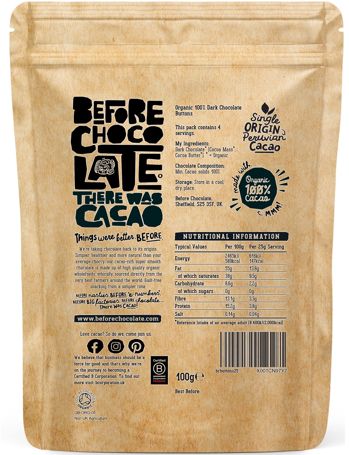 Plain 100% Dark Chocolate Buttons - SUGAR FREE