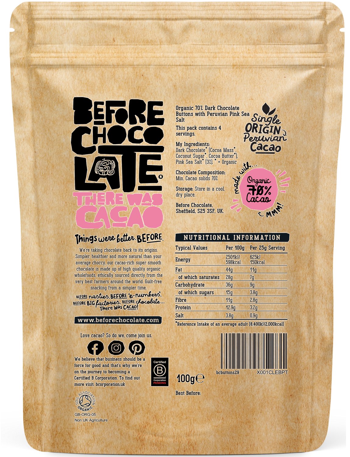 Organic Vegan Peruvian Pink Salt 70% Dark Chocolate Buttons