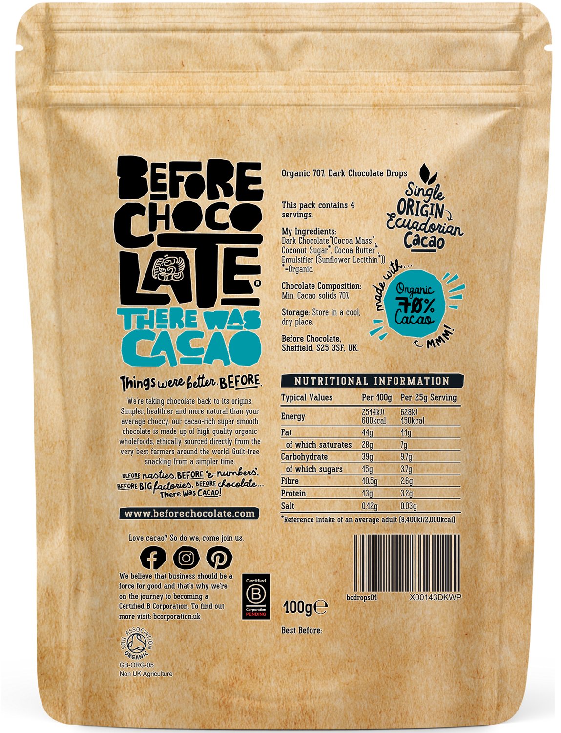 Organic Vegan Plain 70% Dark Chocolate Drops