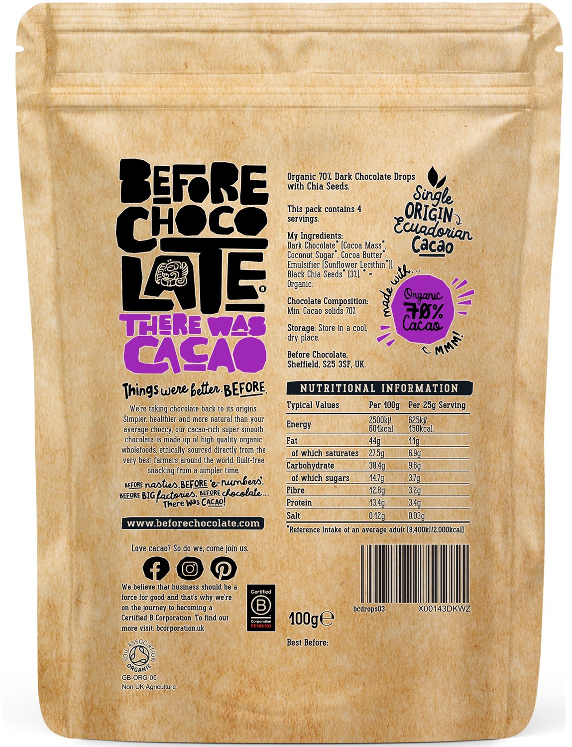 Organic Vegan Chia Seed 70% Dark Chocolate Drops