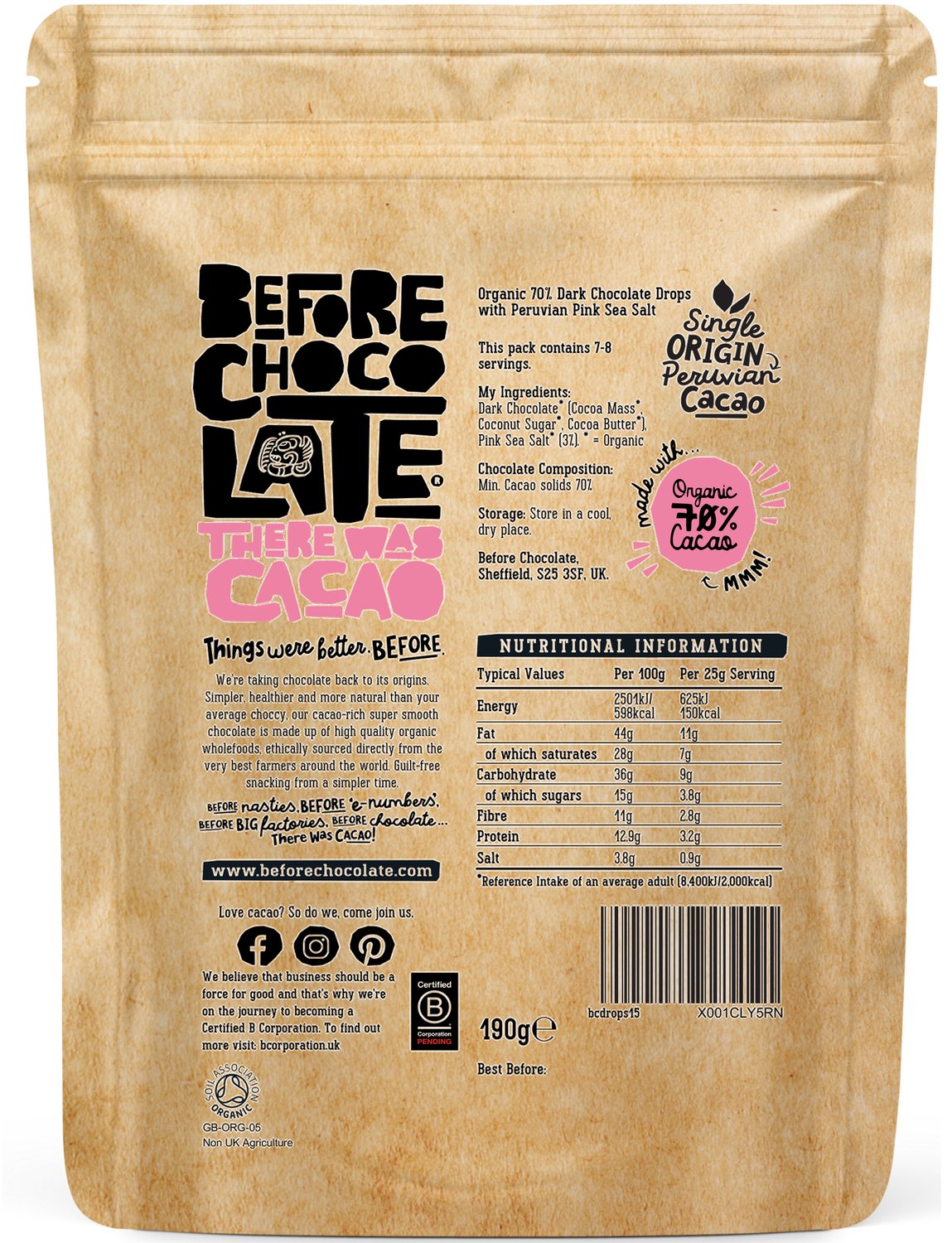 Organic Vegan Peruvian Pink Salt 70% Dark Chocolate Drops