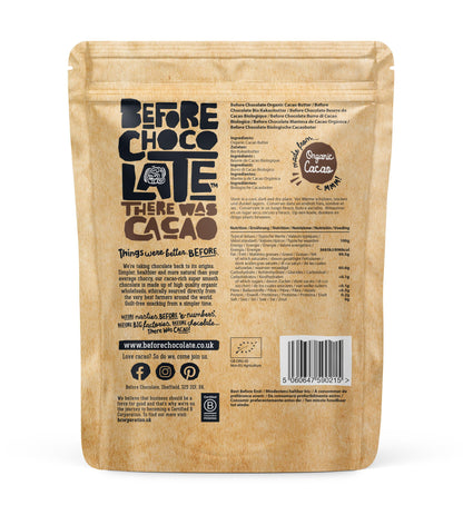 Before Chocolate Organic, Vegan Cacao Butter (Back of Pack)