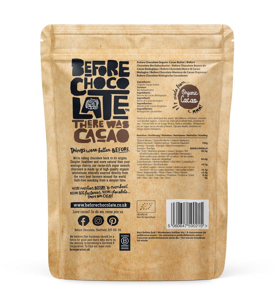 
                  
                    Load image into Gallery viewer, Before Chocolate Organic, Vegan Cacao Butter (Back of Pack)
                  
                