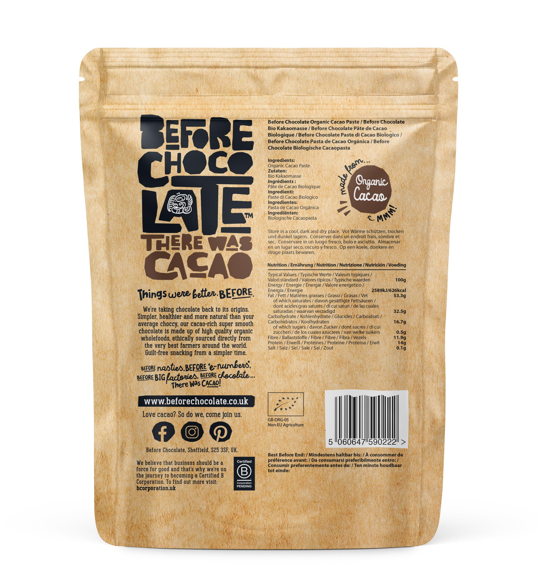 Before Chocolate Organic, Vegan Cacao Paste (Back of Pack)