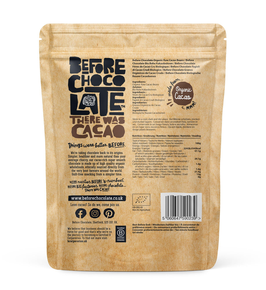 
                  
                    Load image into Gallery viewer, Before Chocolate Organic, Vegan Raw Cacao Beans (Back of Pack)
                  
                