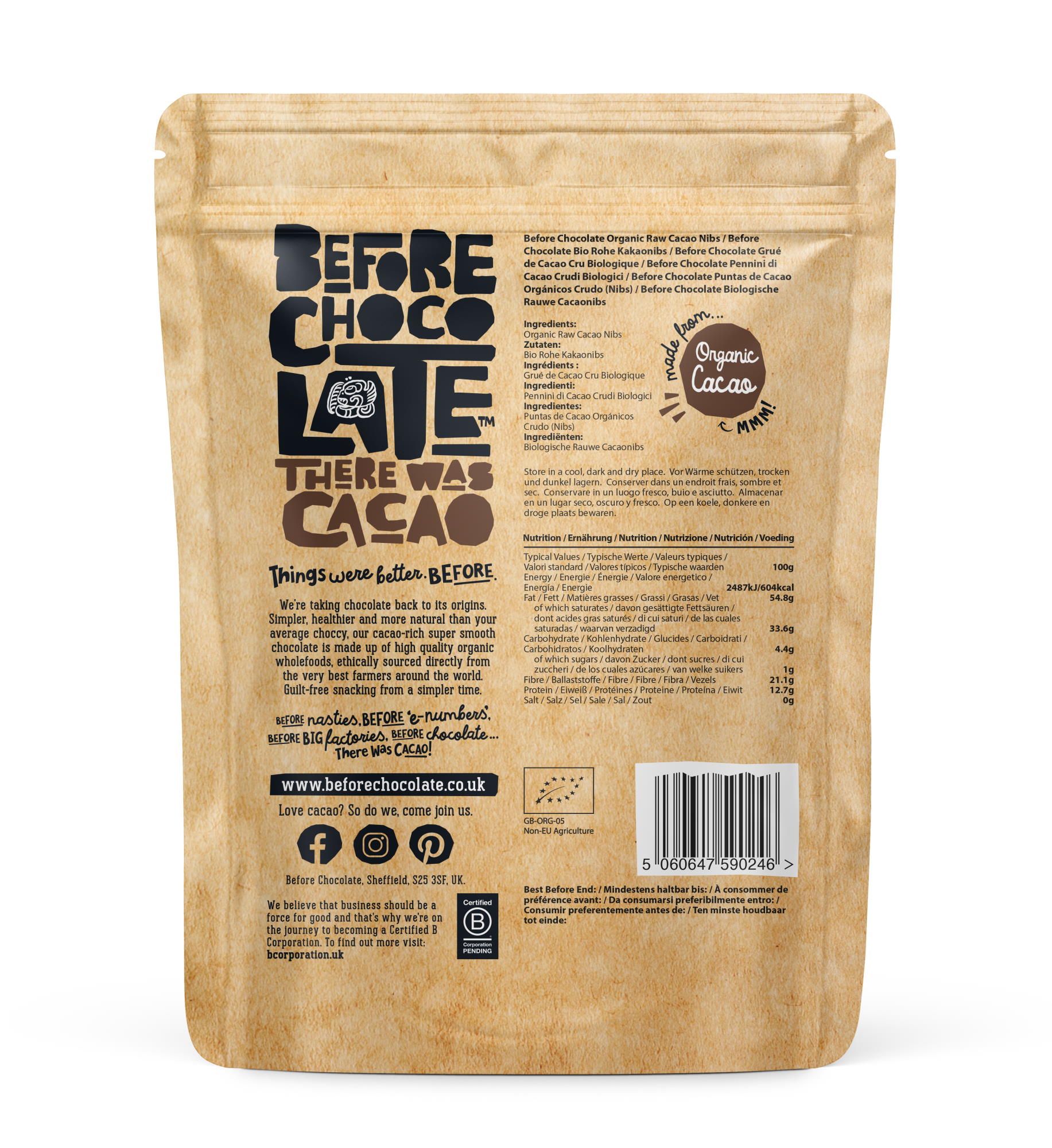 Before Chocolate Organic, Vegan Raw Cacao Nibs (Back of Pack)